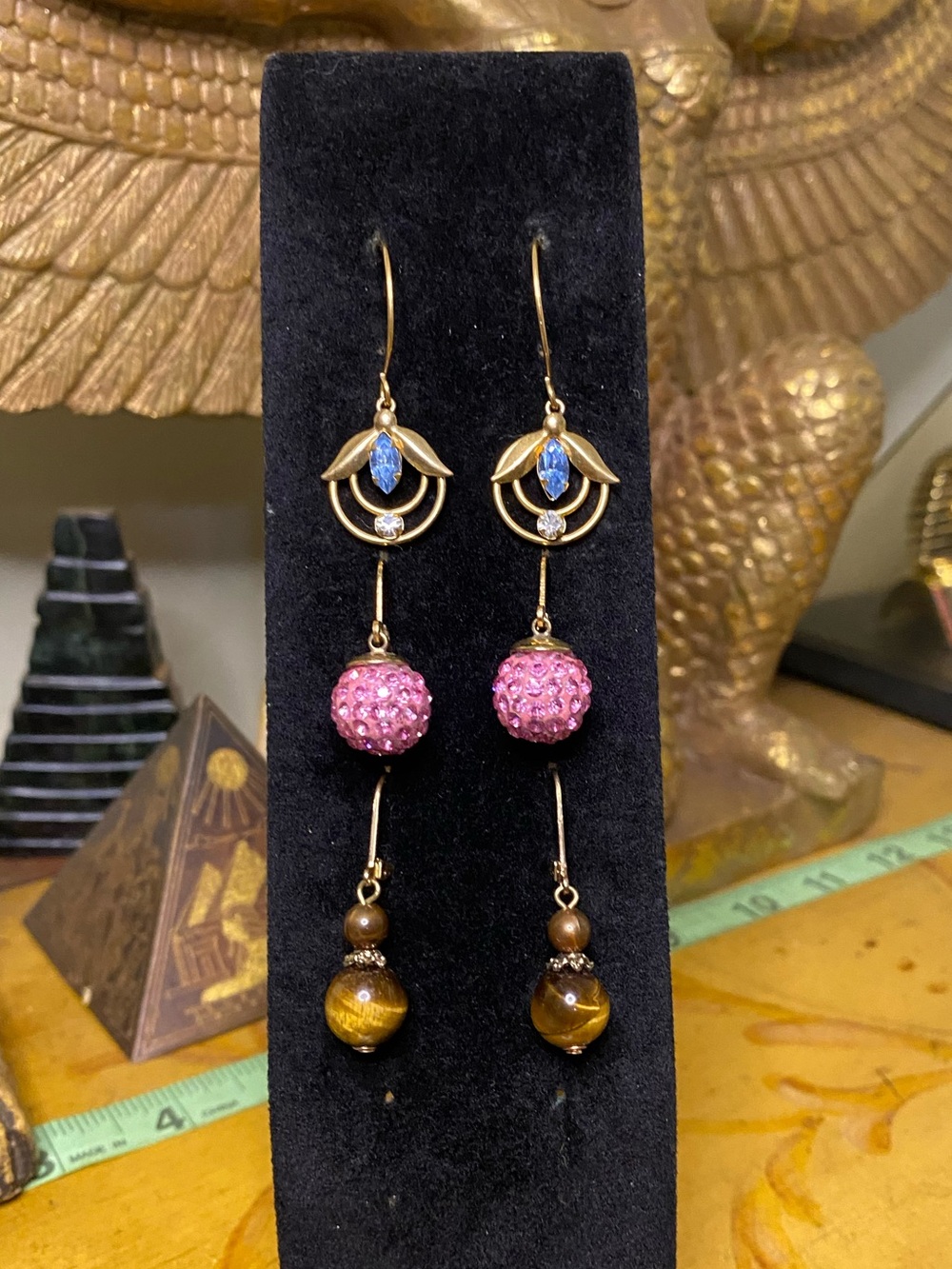 Gold-Tone Drop Earrings with Pink Crystal and Tiger Eye Beads